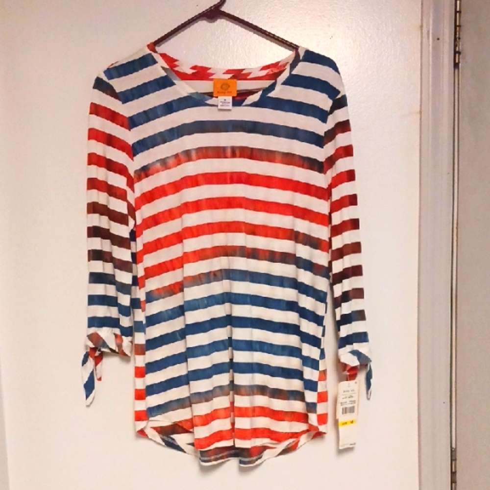 Ruby Rd. Red and Blue Striped 3/4 Sleeve Tunic